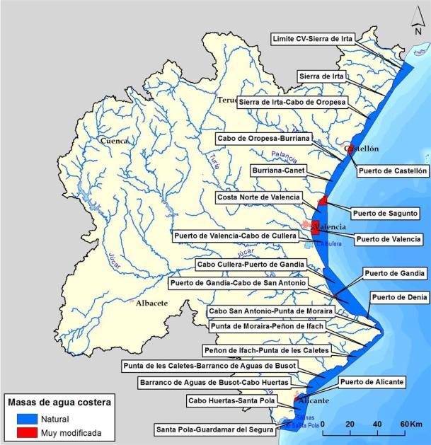 Figura 18. Distribución de las masas de agua superficial de la DHJ: categoría rio, lago, transición y costeras.