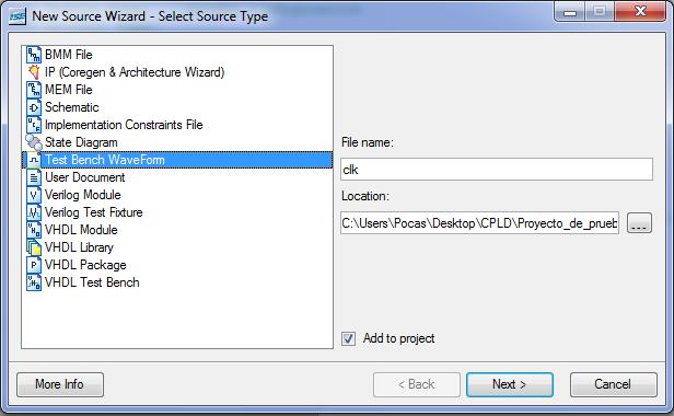 v en la ventana de sources y se selecciona la opción add new source, se selecciona una source del tipo Test Bench Wave