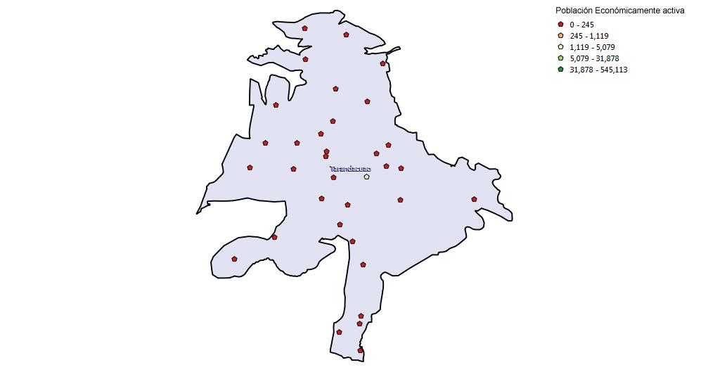 En la Figura 4se observan las localidades por número de PEA del municipio de estudio. Figura 4. Localidades con población económicamente activa. Fuente: INEGI 2010.