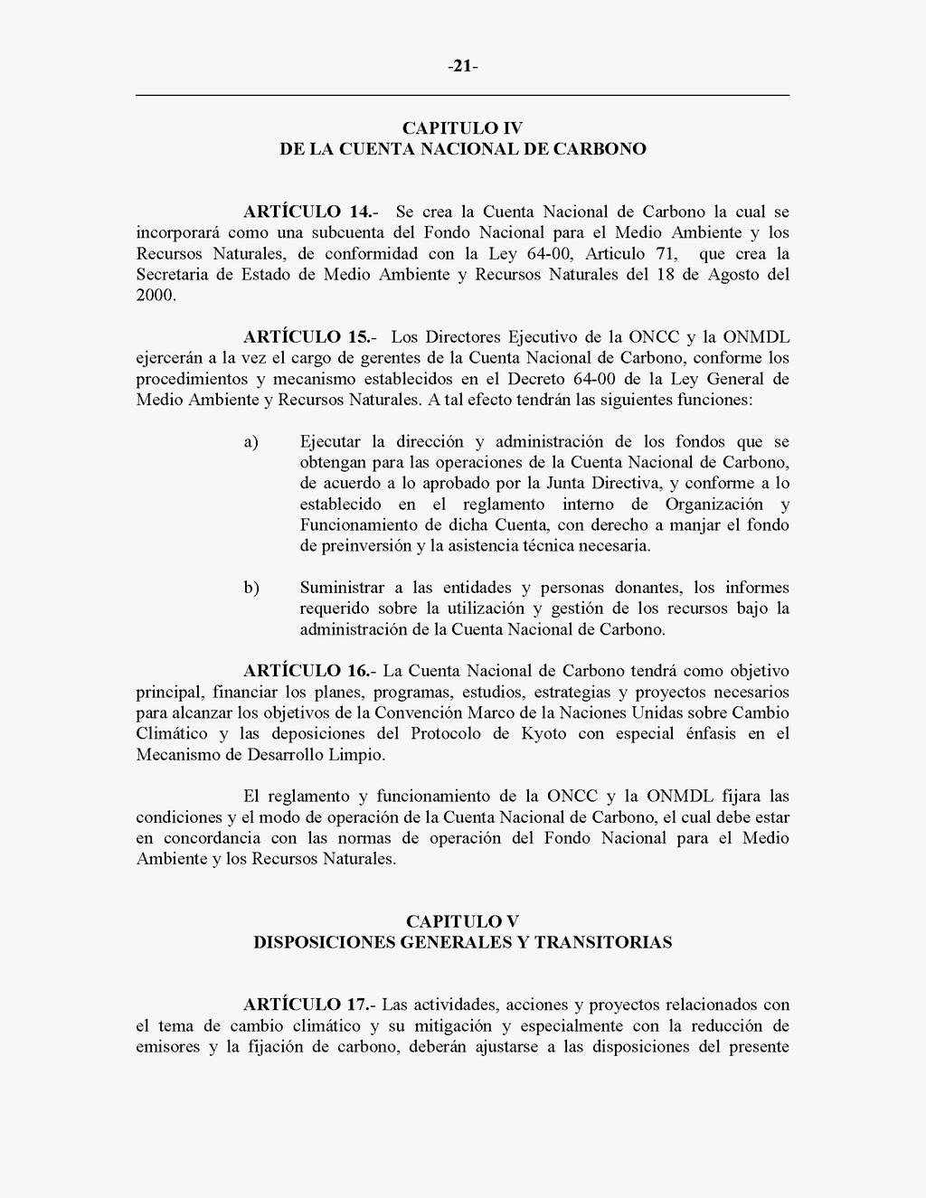 -2 1 CAPITULO IV DE LA CUENTA NACIONAL DE CARBON0 ARTICULO 14.