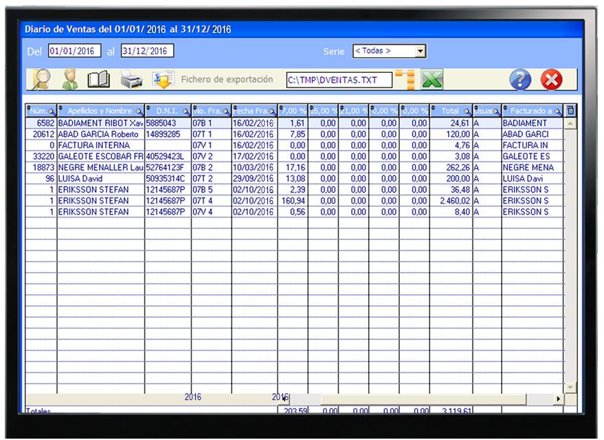 Diario de facturación 5 6 Exporte los resultados a una hoja de Excel Desde el listado puede acceder a los datos del cliente marcado.