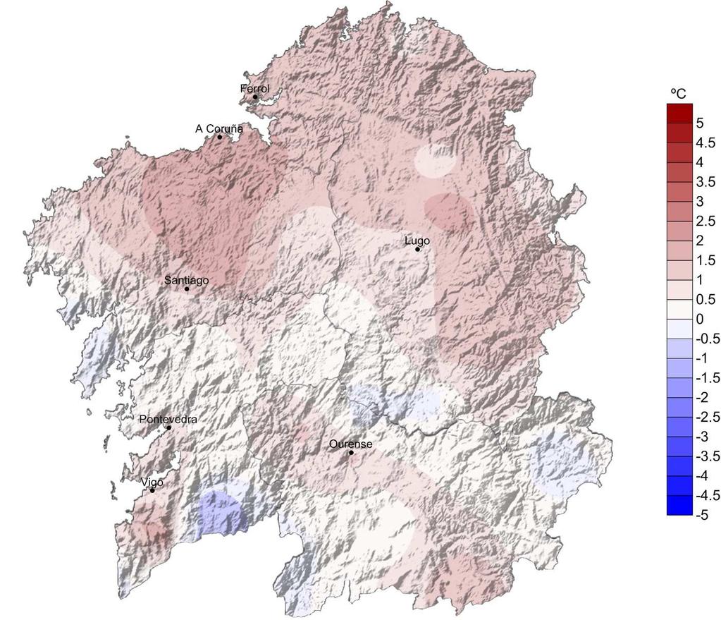 1.3. Anomalía de temperatura media con respecto ao período 1971-2000 Xuño. A anomalía no conxunto de Galicia neste mes de xuño, para as temperaturas medias, foi de 0.