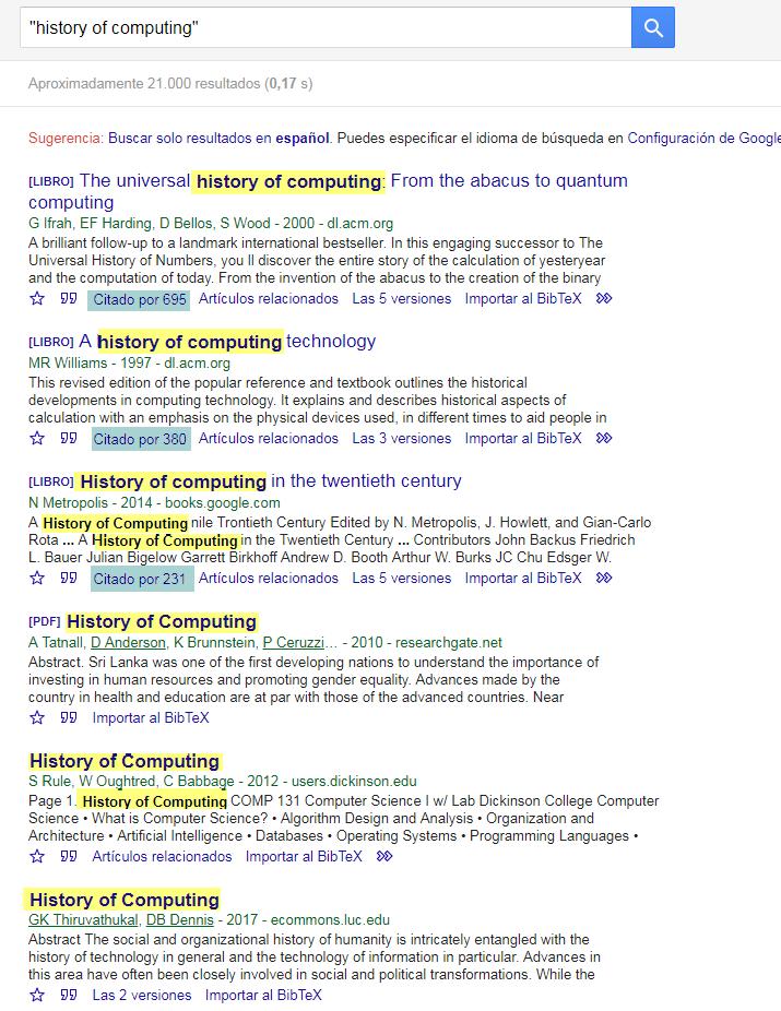 Google Académico ordena los resultados por relevancia teniendo en cuenta la presencia de nuestros términos de búsqueda en el texto completo así como el lugar en que fue publicado y el número de veces