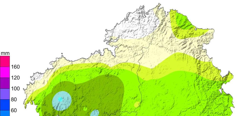 Figura 1: Precipitación rexistrada o día 21/08/2011 en Galicia O día 22 o aire frío en altura e as tormentas alimentaron unha pequena baixa que nas xornadas do 22 e 23 deixaron un tempo fresco
