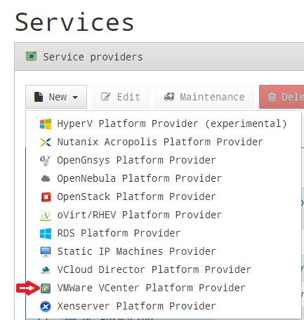 Configurar Service Providers A continuación mostramos un ejemplo de cómo crear un Service Provider del tipo VMware vcenter: En "Services", pulsamos sobre "New" y seleccionamos VMWare vcenter Platform