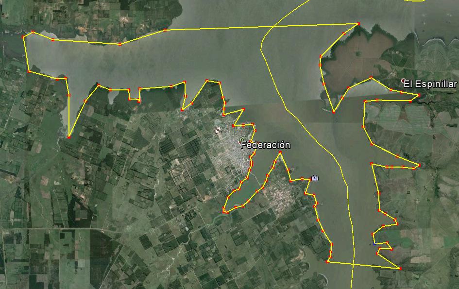 Río Uruguay para la ciudad de Federación. Uruguay 7.773 ha, con imagen Google Earth Pro del 20 de mayo de 2015. Uruguay: 8.