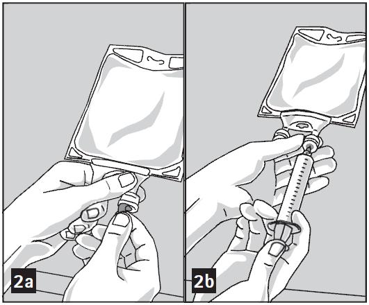 1. Prepare el puerto para los medicamentos (color transparente) mediante el retiro de la hoja de aluminio (figura 2a).