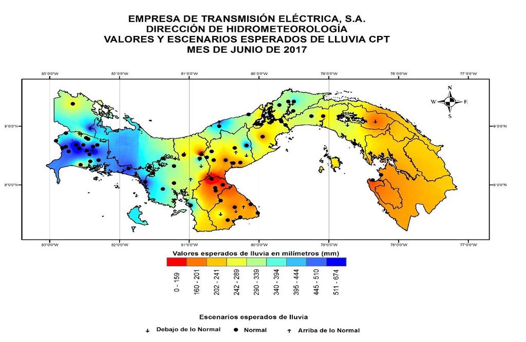 EMPRESA DE TRANSMISIÓN ELÉCTRICA, S. A. DIRECCIÓN DE HIDROMETEOROLOGÍA GERENCIA DE INVESTIGACIÓN Y APLICACIONES CLIMÁTICAS Pronóstico mensual de lluvia para Panamá Junio de 2017 Mapa 1.