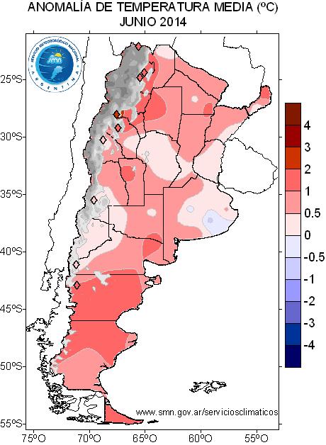 hacia el oeste y hacia el centro de Santa Fe. Sobre el sudeste de Buenos Aires, los desvíos se ubicaron medio grado por debajo del promedio.