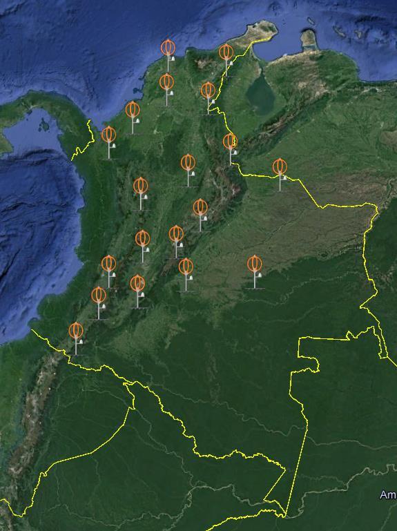 2. RED COLOMBIANA DE DETECCIÓN TOTAL DE RAYOS 19 sensores de campo magnético Altitudes: 0 2.800 msnm. Líneas Bases: 120 280 km. Metodología de tiempo de arribo 3D (3D Time of Arrival TAO).