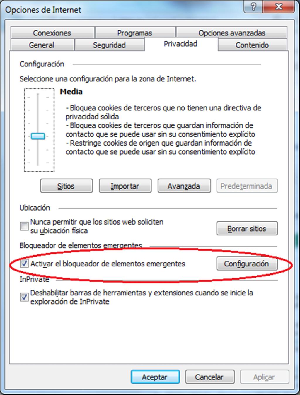 Ilustración 18: Permitir ventanas emergentes en Internet Explorer Ahora se debe meter en la caja de