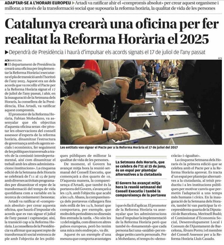 14 IGUALTAT I CIUTADANIA La Generalitat crearà una oficina perquè la reforma horària sigui una realitat