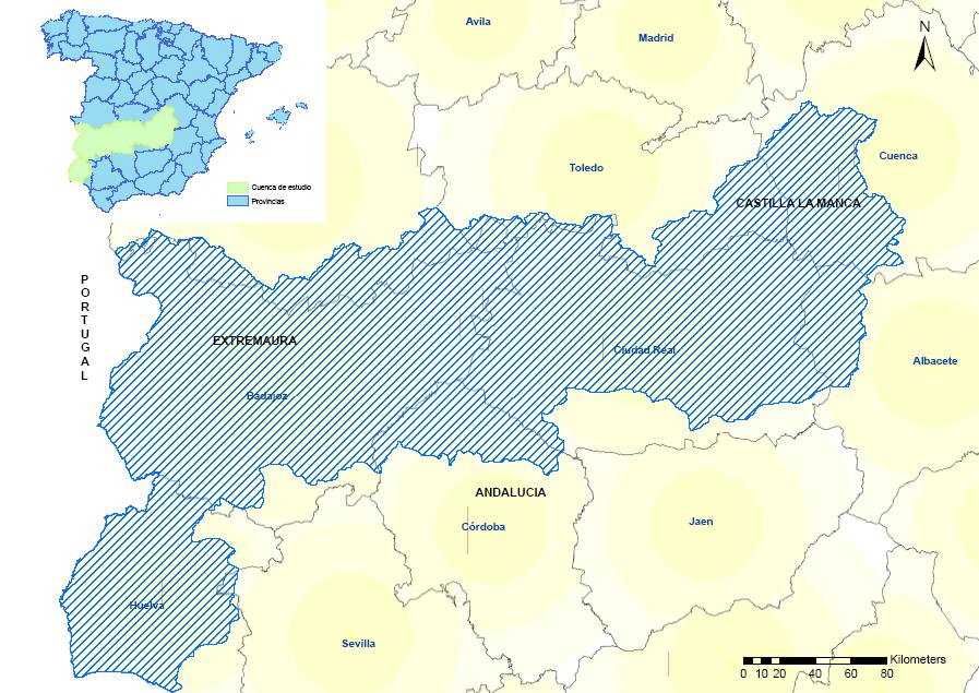 2. ÁMBITO DEL ESTUDIO El ámbito del estudio se corresponde con la cuenca gestionada por la Confederación Hidrográfica del Guadiana. La superficie total de la parte española de la cuenca es de 62.