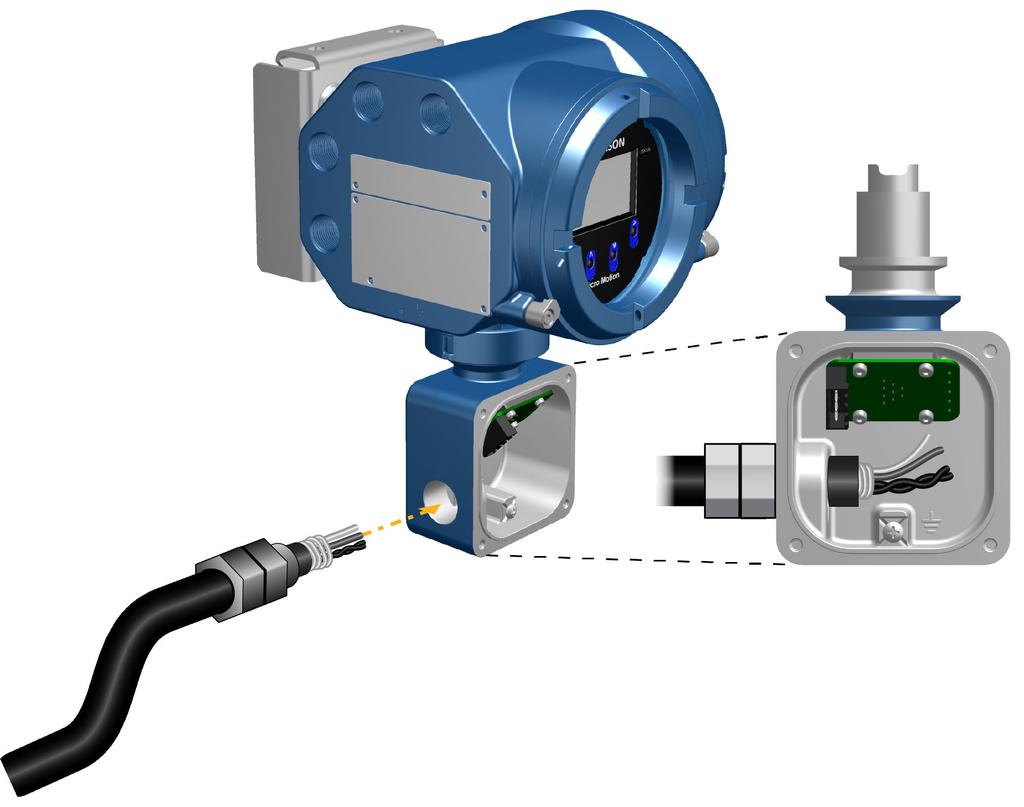 Guía de instalación rápida Diciembre 2014 2. Pase el cableado del sensor hacia el compartimiento de cableado del transmisor. Figura 2-6: Paso del cableado del sensor 3.