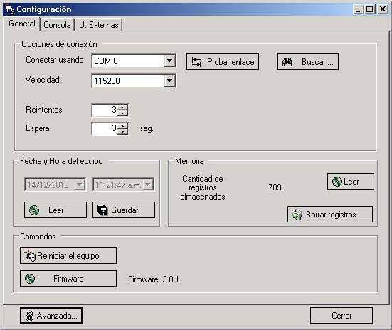 Pantalla Configuración solapa Consola Periodo de Registro Velocidad COM (puerto COM a usar con Radios) Identificador COM (puerto COM a usar