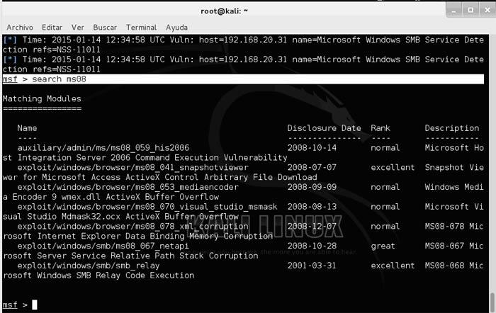 Uno de los exploits mostrados es el exploit/windows7dcerpc7ms07_029_msdns_zonename que explota una vulnerabilidad del DNS de los Windows 2000 y 2003 servers mediante el protocolo RPC en los
