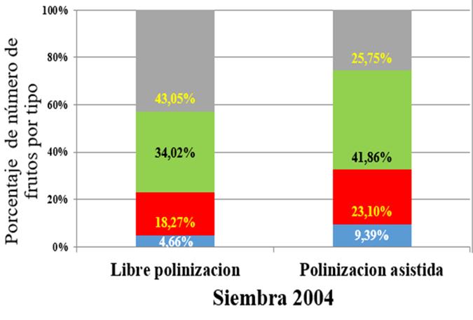 Comparación polinización asistida (PA) vs libre polinización (LP) en hibridos OxG siembra 2004 Al recibir polinización asistida las palmas aumentan la formación de frutos normales,