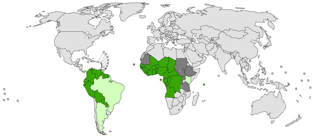 Countries and Territories using Yellow fever* vaccine to date * WHO considers that 44 countries/territories are at risk for Yellow fever Introduced to date (32 countries or 73%) Introduced in Hig