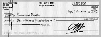 Cheque al portador: se denomina "cheque al portador" al cheque que no tiene especificado un beneficiario y puede ser cobrado por cualquiera que lo tenga en su poder.