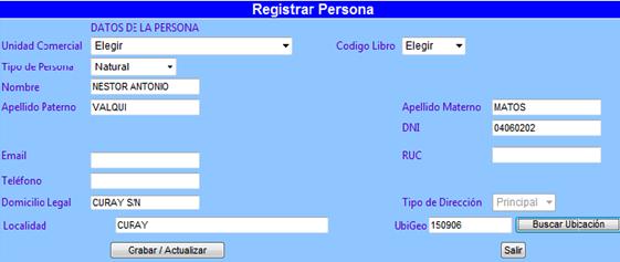 Esta interfaz registrar datos se ingresan los siguientes datos: Unidad comercial, código de libro, tipo de persona, datos personales, DNI, domicilio,