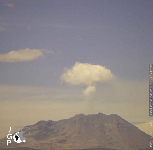Ejemplos de imágenes obtenidas por la cámara especial Campbell Scientific del IGP, en el volcán Ubinas (días 21/03/2014, 12:20 hrs, y 23/03/2014, 07:35 hrs respectivamente) 6) PRONOSTICO DE