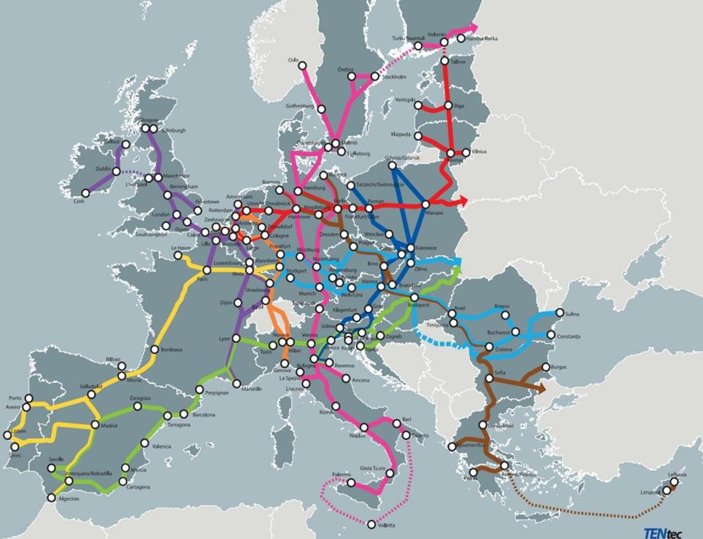 MAPA 2: RED TRANSEUROPEA DE TRANSPORTE (RTE-T) CORREDORES DE LA RED BÁSICA. Fuente: Comisión Europea. Mobility and Transport: Infrastructure - TEN-T - Connecting Europe.