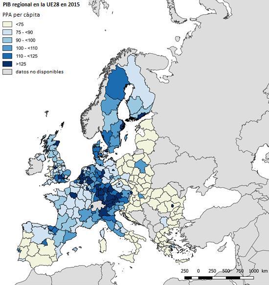 Al igual que se puso de manifiesto en el informe anterior (OTP nº7), el PIB en PPA per cápita de Francia es superior al de España, pero las cuatro regiones fronterizas españolas tienen un PIB en