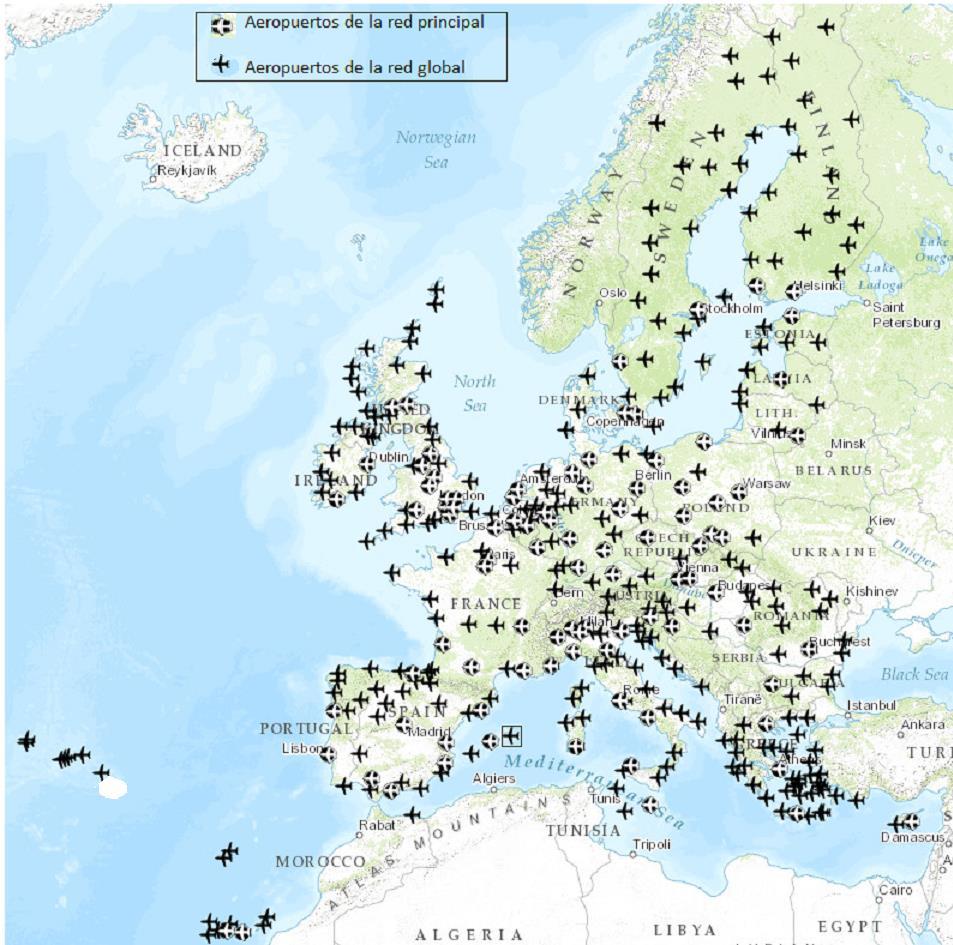 3.3 AEROPUERTOS En el mapa 14 se señalan los principales aeropuertos definidos en la red principal de la Red Transeuropea de Transporte de los países miembros de la Unión Europea. MAPA 14.
