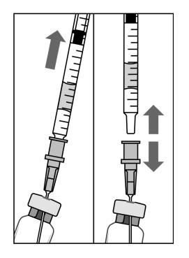 Insertar la aguja roma con filtro en el centro del tapón del vial hasta que la aguja toque el extremo inferior del vial. 3.