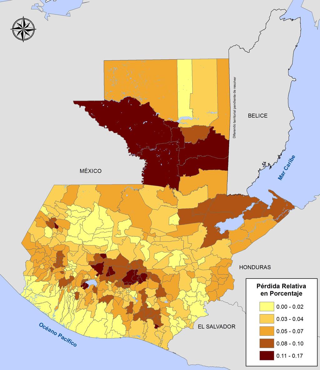 municipios del oeste de Petén los que presentan mayor pérdida, aunque se agregan ahora algunos municipios de la región sur-este.