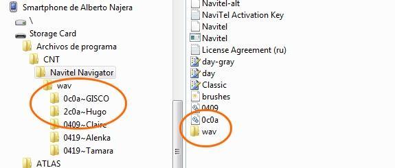 rll, (que es el módulo de español para la interface del programa) en el folder de instalación de Navitel y el folder 2c0a~Hugo (que contiene los comandos de voz) dentro del