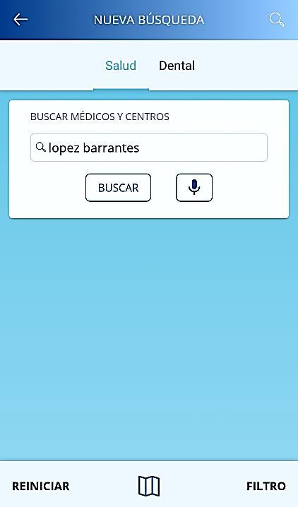 8.9 BUSCAR MÉDICO 8.9.1 NUEVA BÚSQUEDA Los asegurados pueden acceder a su cuadro médico personalizado desde su Área Privada de la App.