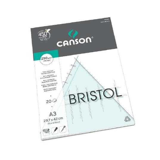 Canson Bristol El papel Canson Bristol es muy fino, satinado, muy blanco y extra liso. Muy resistente, soporta las reiteradas correcciones por borrado o raspado. 250gsm.