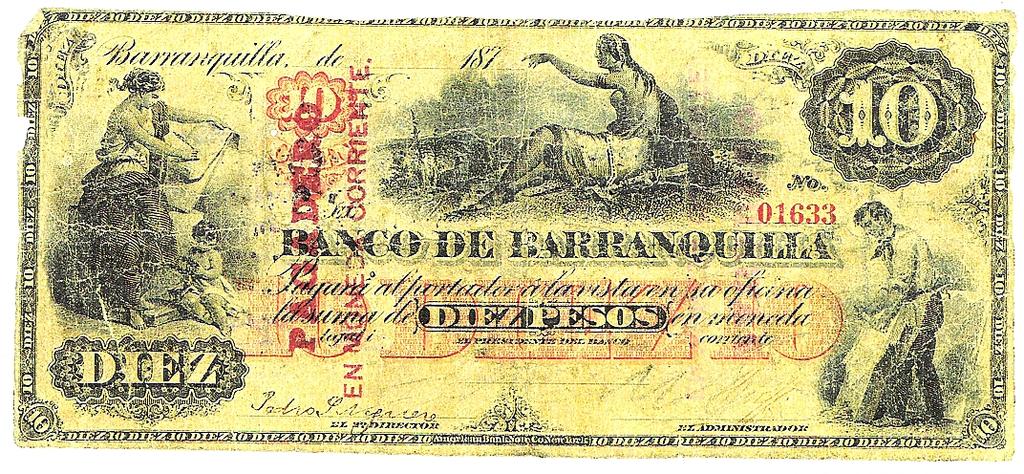 Diez pesos, Banco de Barranquilla, 187. De la segunda emisión tenemos los siguientes: Veinte centavos.