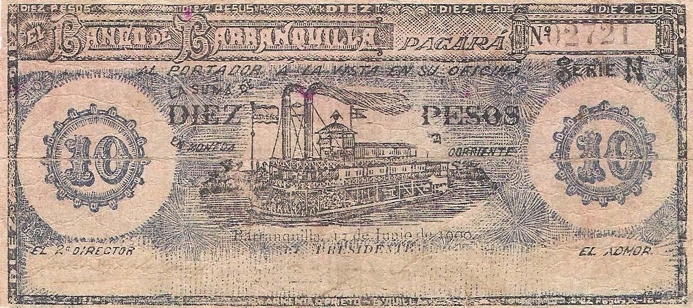 Diez pesos. Anverso: el Banco de Barranquilla pagará al portador a la vista en su oficina la suma de diez pesos en moneda corriente.