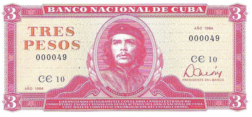 Para el pago de toda obligación contraída o a cumplir en el territorio nacional. Pick 107. Tres pesos, Banco Nacional de Cuba, 1984.