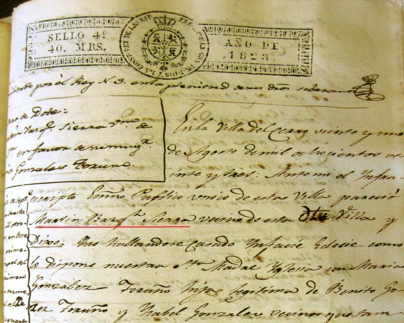 Doc. nº 1. Dote de Martín Vázquez Sierra (fragmento). (A.P.N.E.C.) 1823. En la villa del Cerro, veintiuno / de agosto de mil ochocientos ve/intitrés.