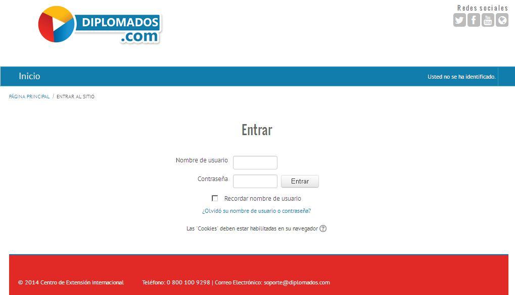 3. En la primera pantalla escribiremos el nombre de usuario y la contraseña suministrada por Diplomados.com por correo electrónico. 4.