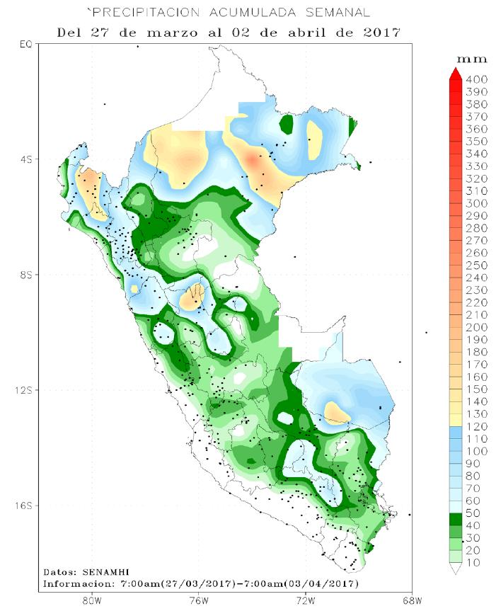 2 Mapa Nº 2 Promedio semanal de precipitación acumulada del 27 marzo al 02 abril del 2017 Sierra Sur: En la región continuaron las precipitaciones frecuentes y de moderada intensidad.