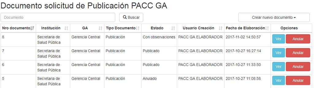 Luego de analizar los cometarios el usuario deberá crear un nuevo documento de PACC de la GA, en el cual podrá observar en la parte superior, todos los comentarios enviados por la ONCAE, para