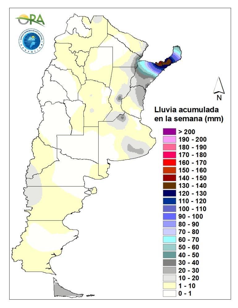 Se registraron algunos máximos locales de más de 20 mm en el sudeste bonaerense, Pergamino, Santa Fe y Concordia.