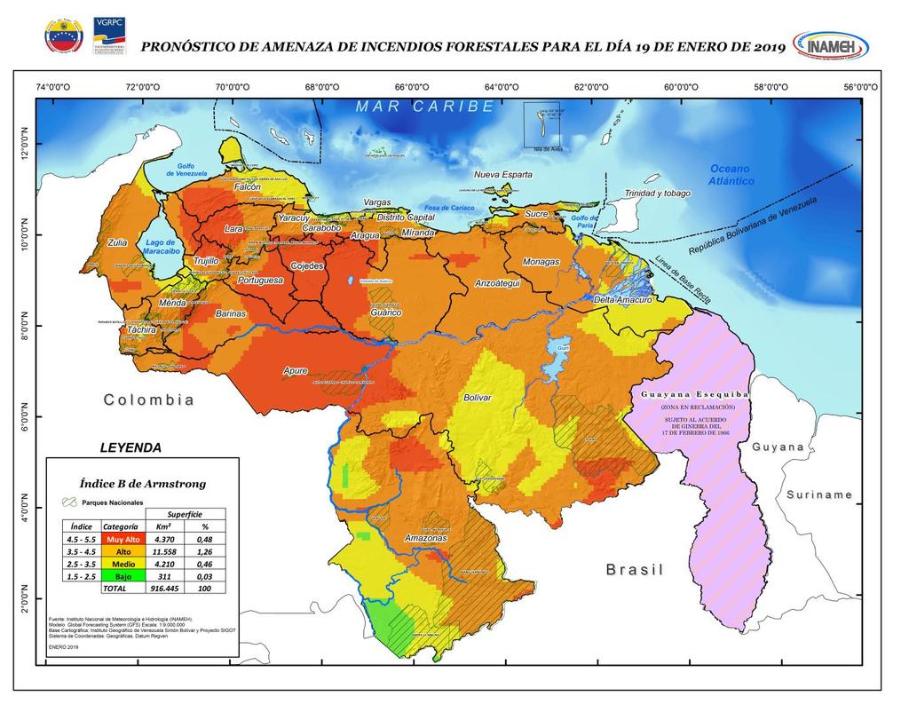 Pronóstico de amenazas de Incendios Forestales para el día 19 de enero de 2019 Amenaza Muy Alta: para los estados Apure, Barinas, Portuguesa, Cojedes, Guárico, Anzoátegui, Aragua,