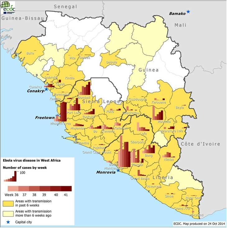 Ébola: Países con Infección Diseminada Country Total Cases Laboratory- Confirmed Cases Total Deaths Guinea 1553 1312 926 Liberia 4665 965 2705 Sierra Leone 3896 3389 1281 Total 10114 5666 4912 CDC,