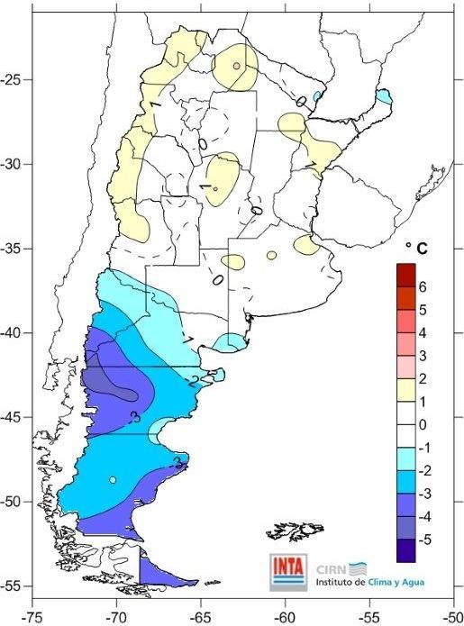 Se observaron valores entre normales a algo más cálidos en el centro y norte del país y valores más fríos en Patagonia, alcanzando anomalías negativas entre 3 y 4 C en el centro-oeste y sur de la