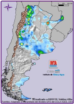 (mm) Martes 09: Lluvias y tormentas aisladas sobre NOA (oeste) y Cuyo (oeste). Lluvias y lloviznas sobre Neuquén (norte), Río Negro y Chubut (este).