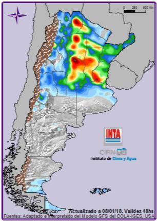 Jueves 11: Lluvias y tormentas aisladas sobre NOA (este), Cuyo y Misiones. Inestable sobre reg. Pampeana (sur). Lluvias sobre Tierra del Fuego.