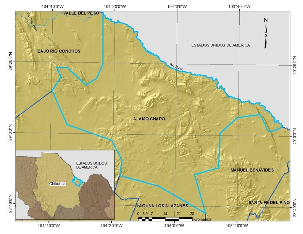 Generalidades El acuífero Alamo Chapo se localiza en la porción noreste del estado de Chihuahua, y abarca un área de 4883.5 km 2.