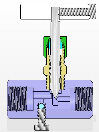 Similar a la válvula de globo, pero con vástagocompuerta, de punta en SS-316 L, esta aguja roscada, asienta, en una concavidad ; en lugar de una superficie plana, permitiendo así regular el flujo de