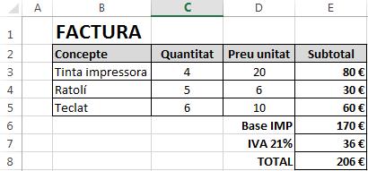 1. Dada la siguiente factura creada en una hoja de cálculo Excel: (2 puntos, 0,5 cada apartado).