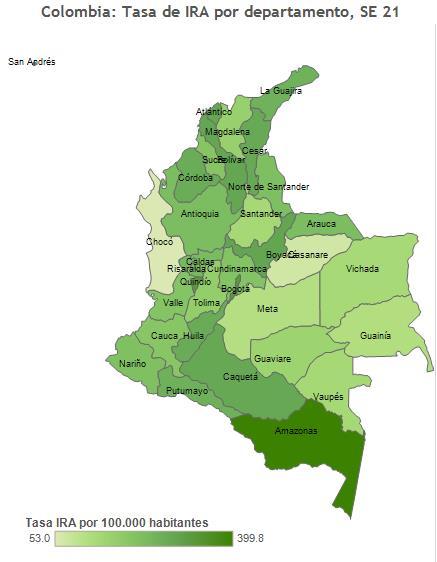 Colombia: Rate of pneumonia in hospitalizations with J00 to J20 codes, by EW 2015 Colombia.